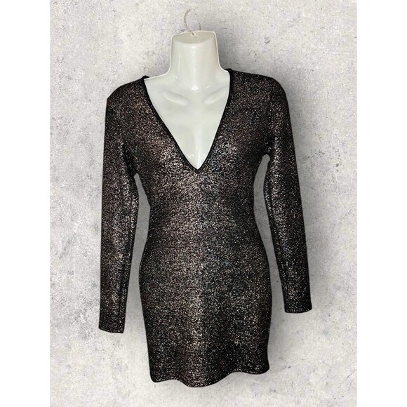 Charlotte Russe Sz Small Metallic Sparkle Plunge V Neck Long Sleeve Mini Dress - Picture 1 of 5